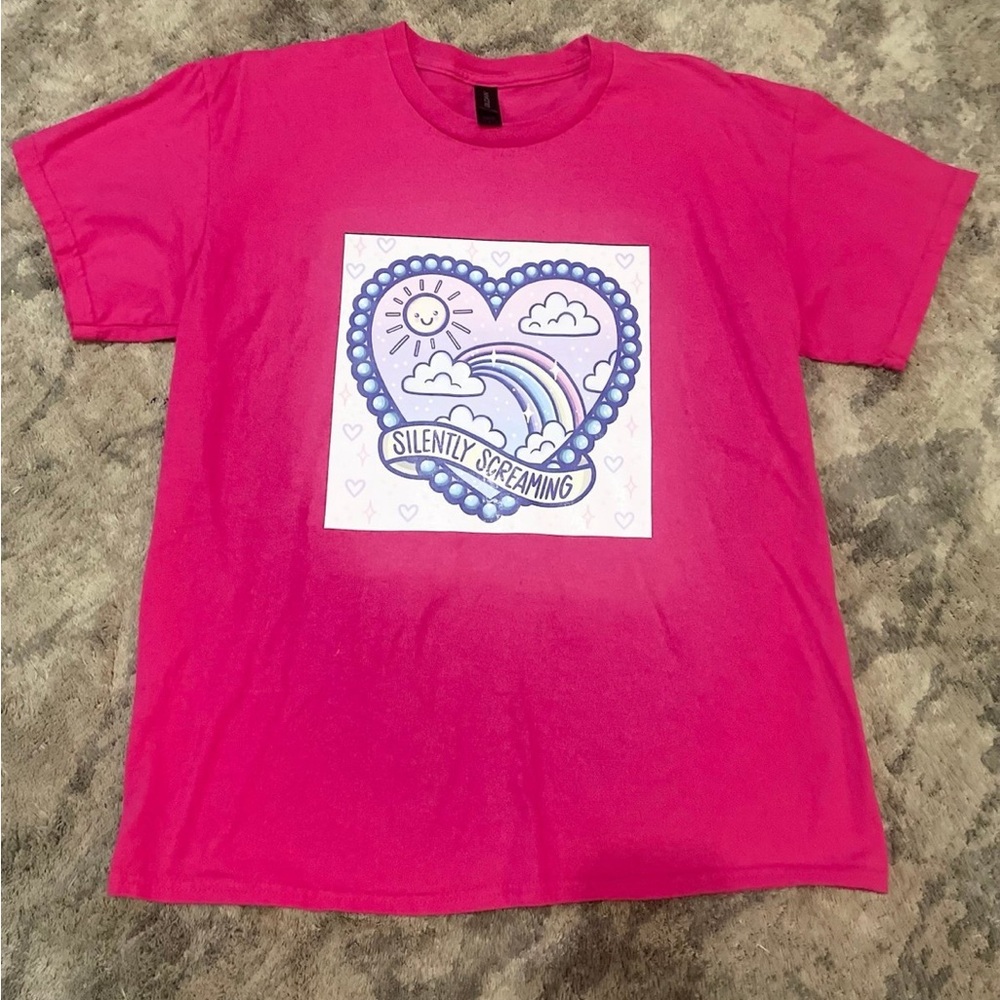 Pink Woman’s T-Shirt with Heart and Rainbow Design